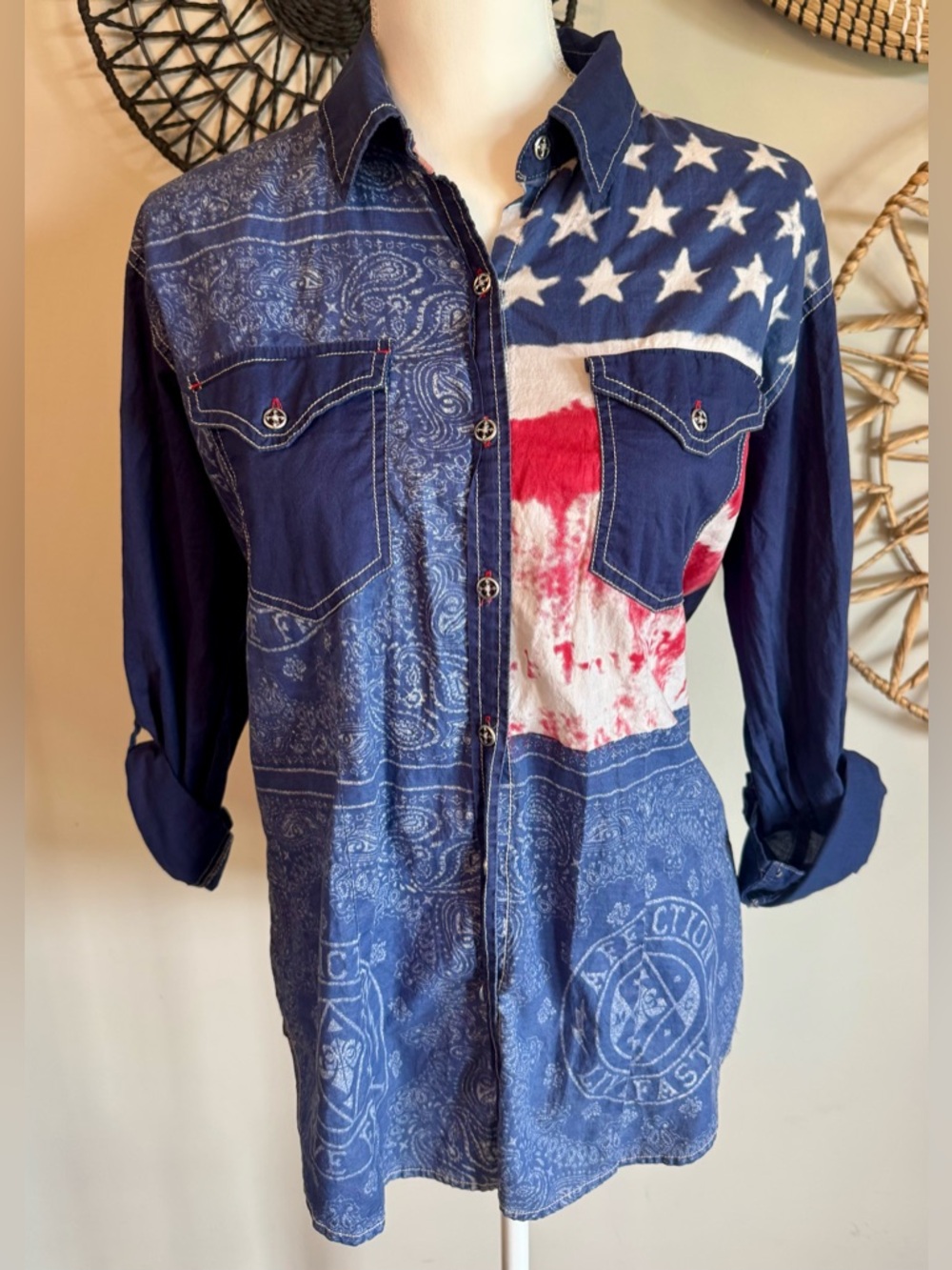 Affliction Black Premium Navy, Red & White Americana Bandana Button-Down Shirt L